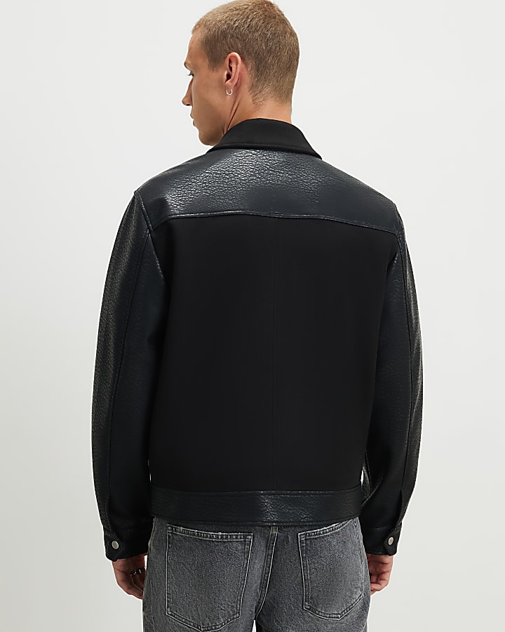 Black Faux Leather Blocked Harrington Jacket