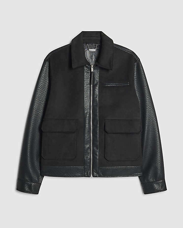 Black Faux Leather Blocked Harrington Jacket