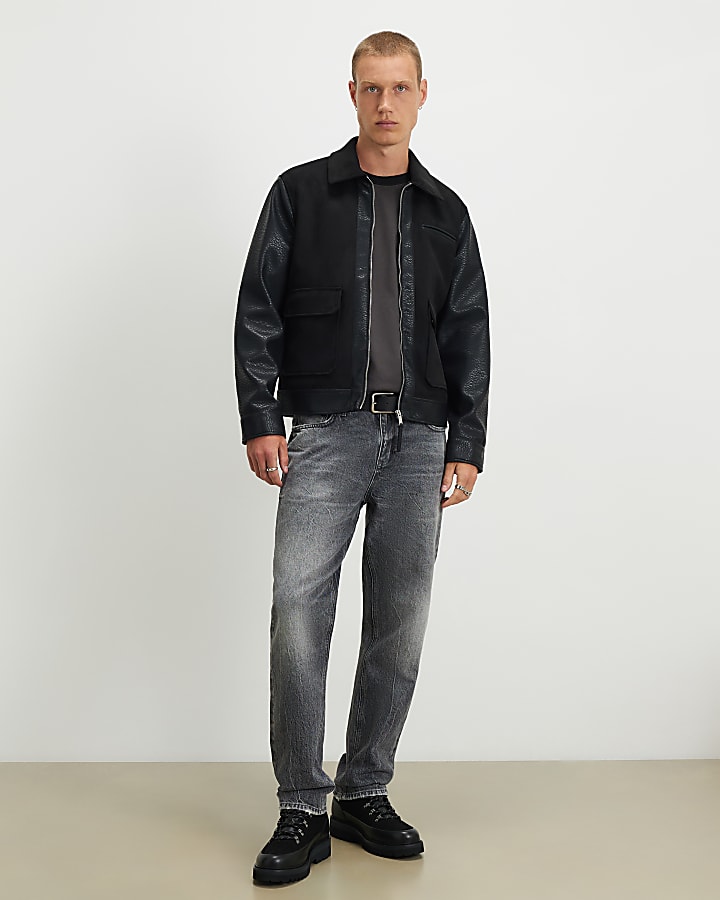 Black Faux Leather Blocked Harrington Jacket