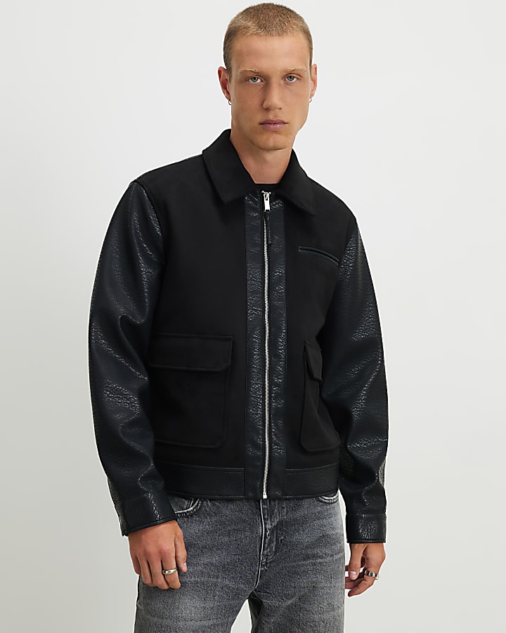 Black Faux Leather Blocked Harrington Jacket