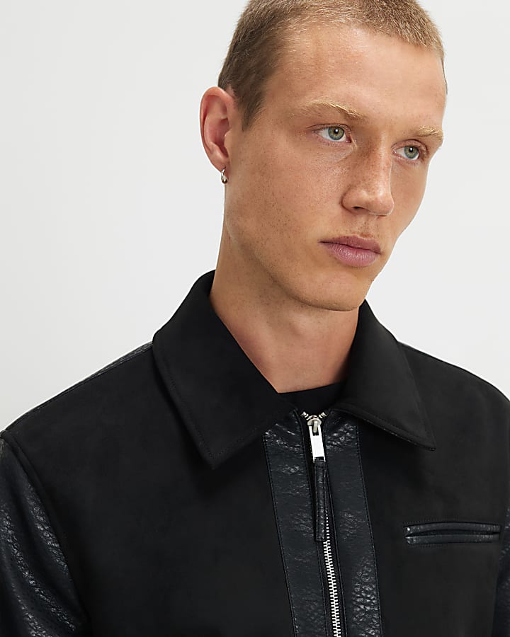 Black Faux Leather Blocked Harrington Jacket