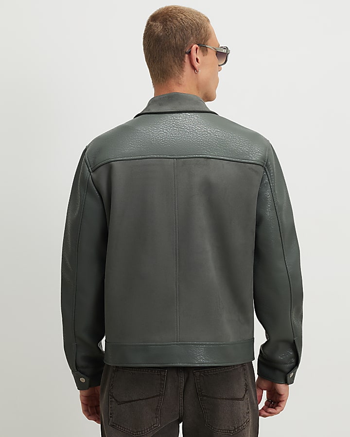Green Faux Leather Blocked Harrington Jacket