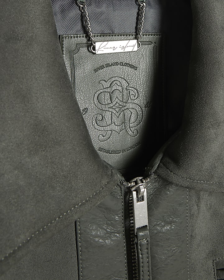 Green Faux Leather Blocked Harrington Jacket
