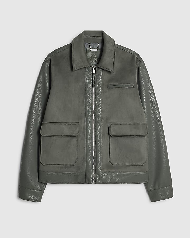 Green Faux Leather Blocked Harrington Jacket