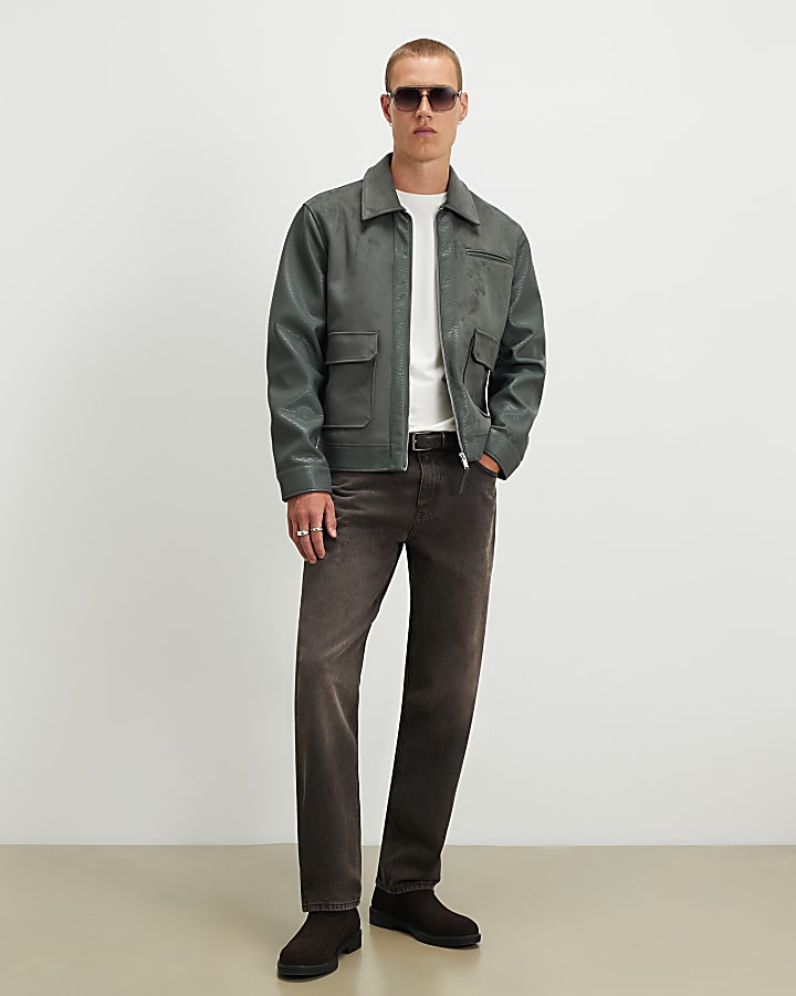 Green Faux Leather Blocked Harrington Jacket