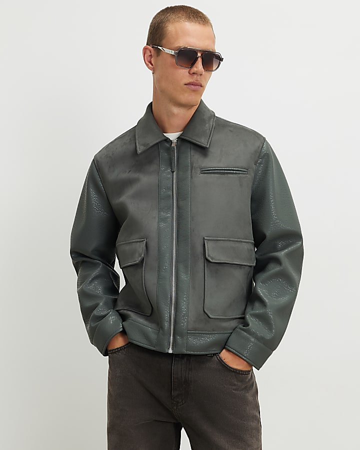 Green Faux Leather Blocked Harrington Jacket
