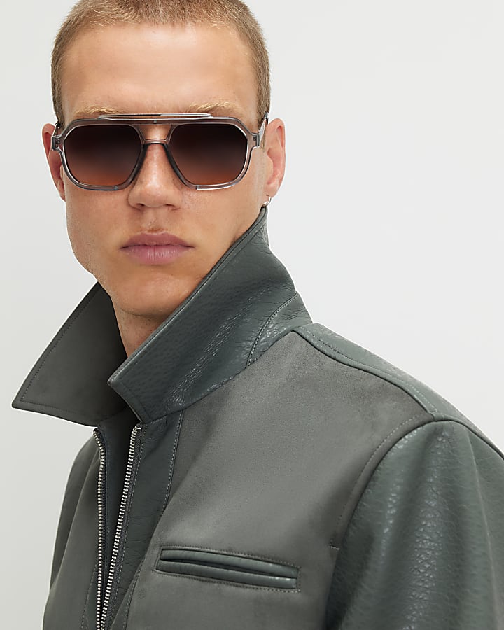 Green Faux Leather Blocked Harrington Jacket