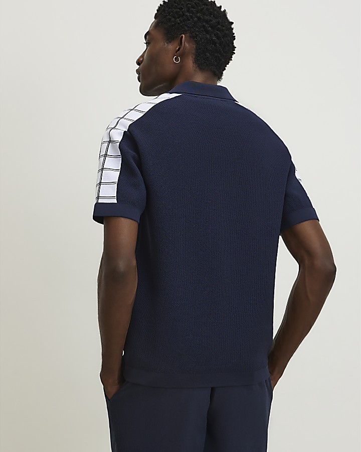 Navy Cotton Short Sleeve Open Collar Jumper