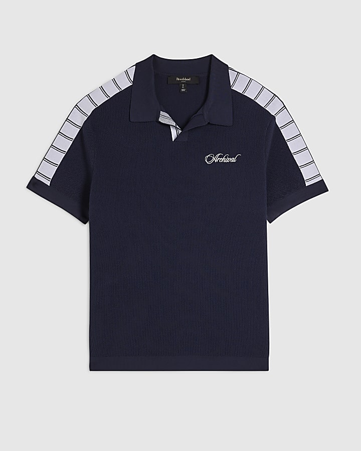 Navy Cotton Short Sleeve Open Collar Jumper