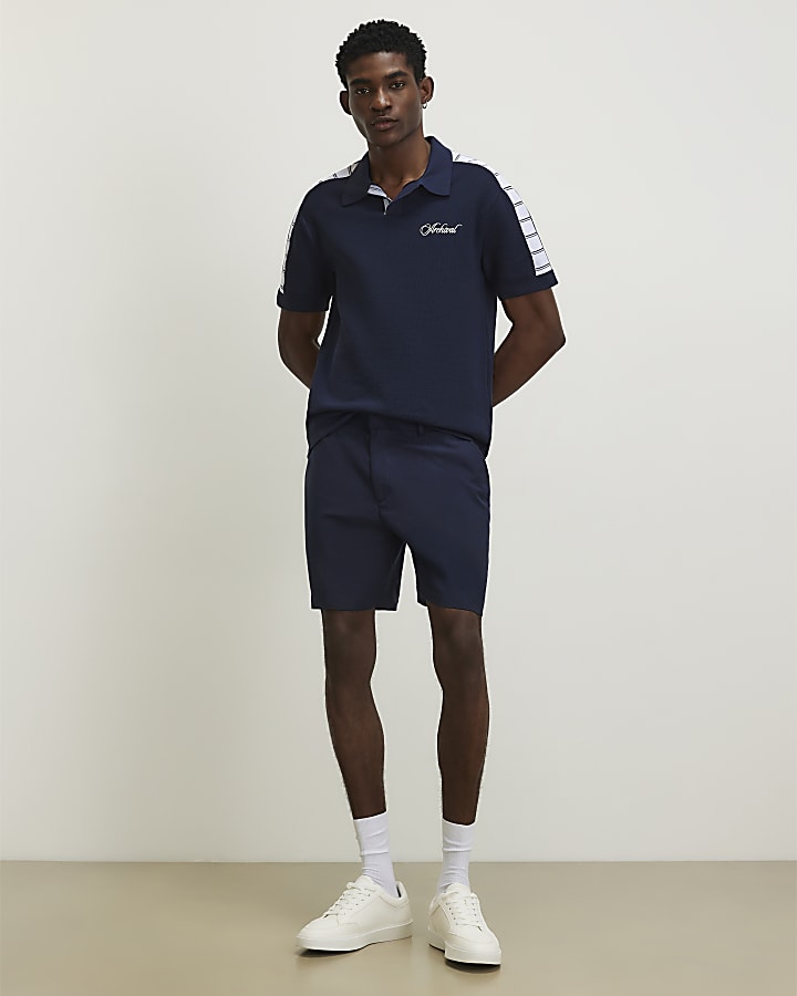 Navy Cotton Short Sleeve Open Collar Jumper