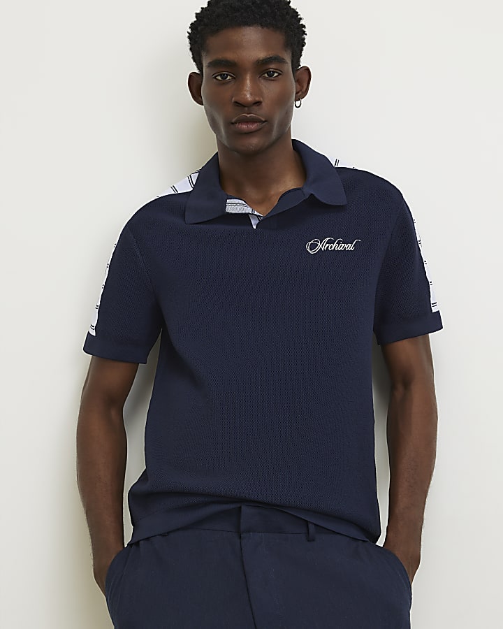 Navy Cotton Short Sleeve Open Collar Jumper