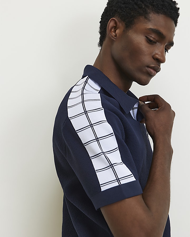 Navy Cotton Short Sleeve Open Collar Jumper