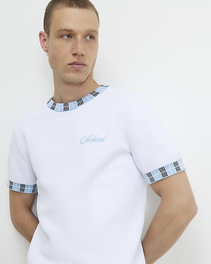 White Check Collar Knitted T-Shirt