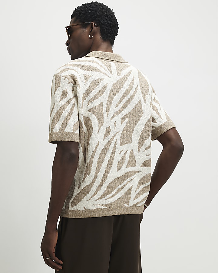 Beige Open Collar Botanic Knit Top