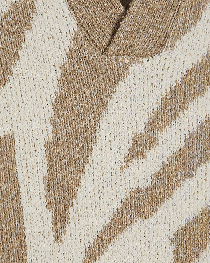 Beige Open Collar Botanic Knit Top