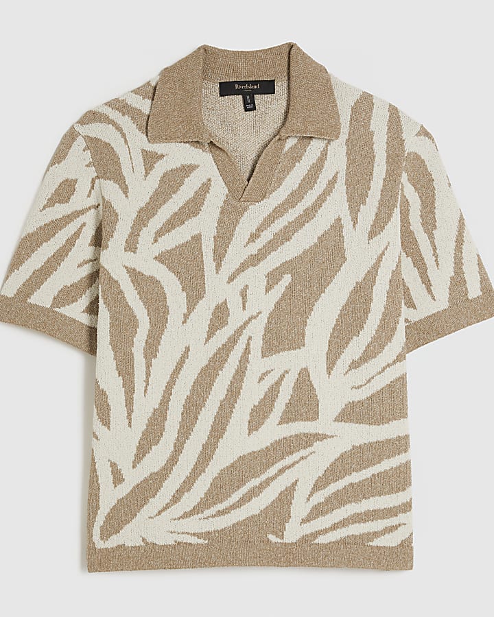 Beige Open Collar Botanic Knit Top