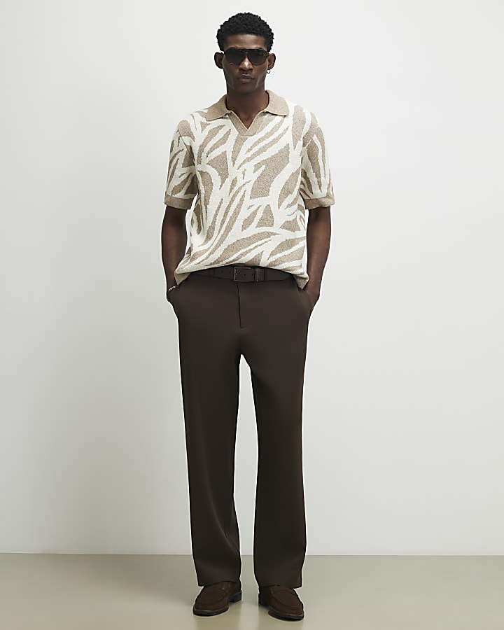 Beige Open Collar Botanic Knit Top