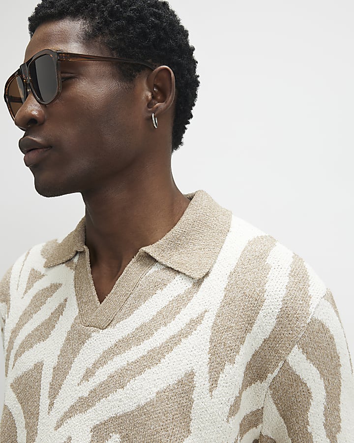 Beige Open Collar Botanic Knit Top