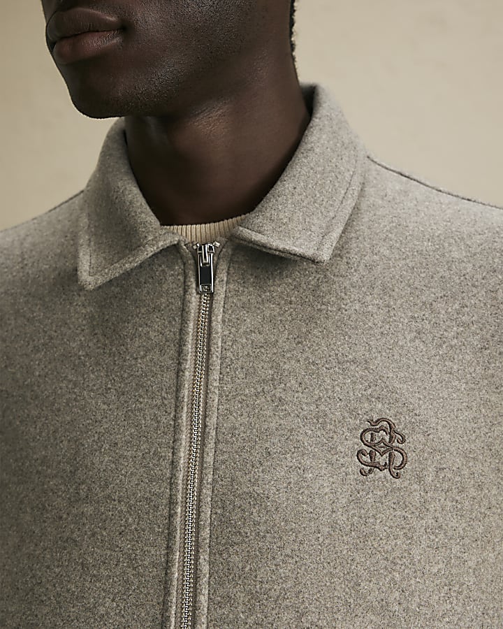 Grey Zip Through Embroidered Shacket