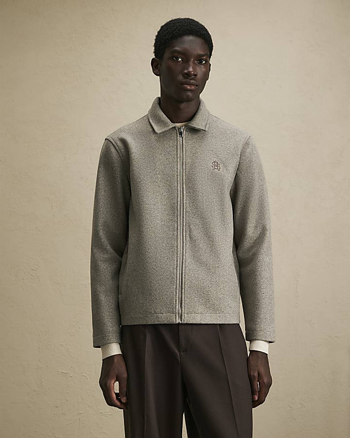 Grey Zip Through Embroidered Shacket