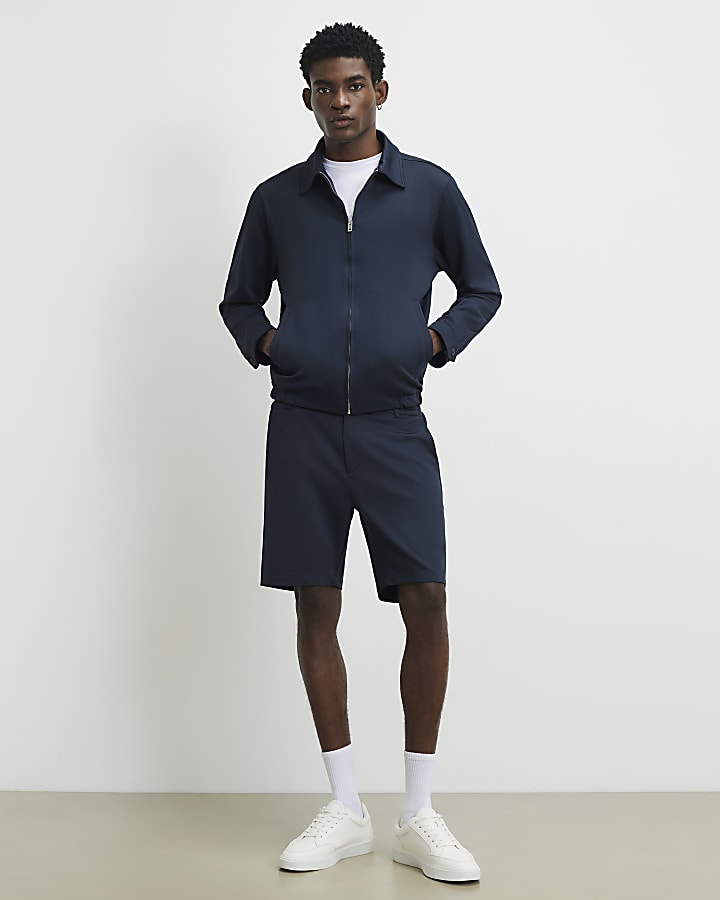 Navy Slim Fit Fixed Waistband Cotton Shorts