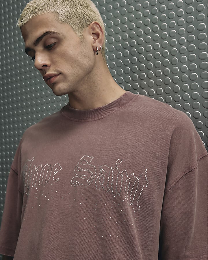 Pink Cotton Rhinestone Ame Saint T-Shirt