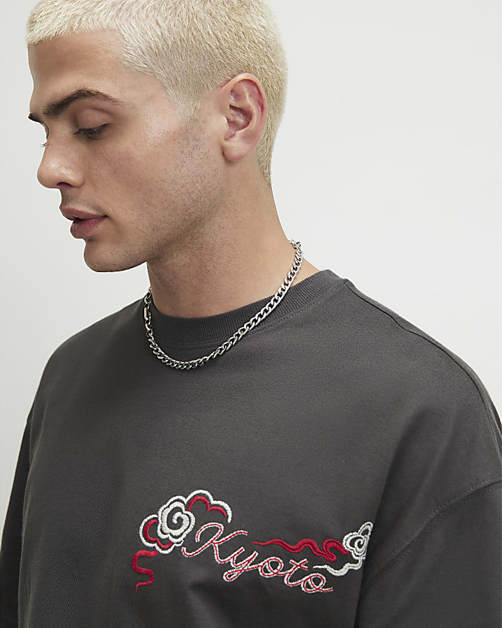 Grey Cotton Embroidered Kyoto T-Shirt