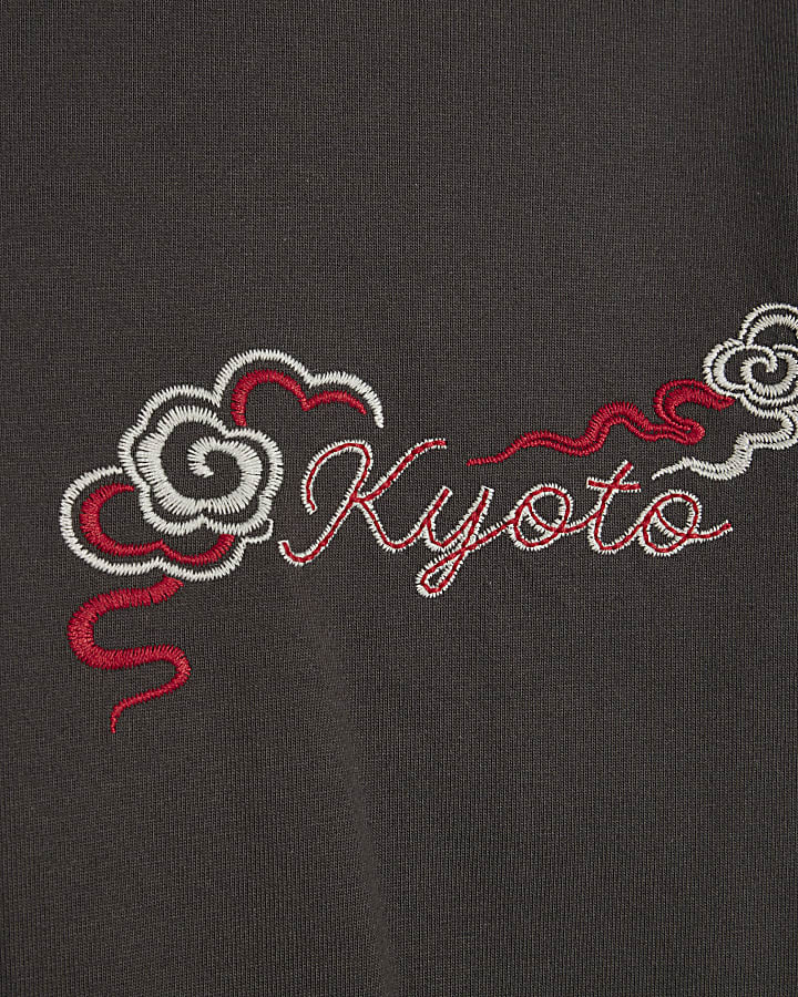 Grey Cotton Embroidered Kyoto T-Shirt