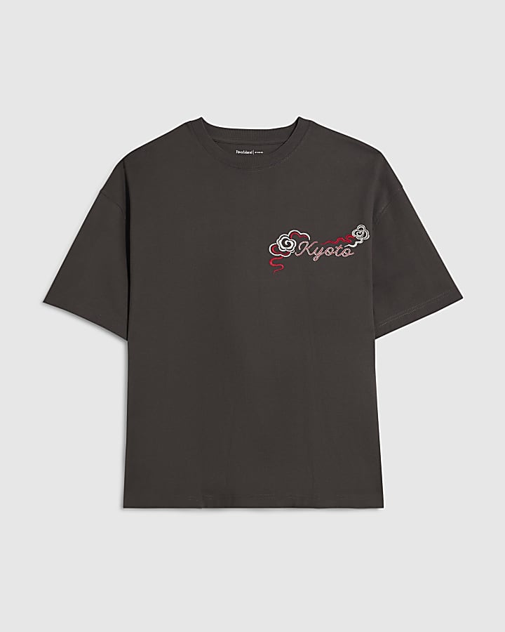 Grey Cotton Embroidered Kyoto T-Shirt