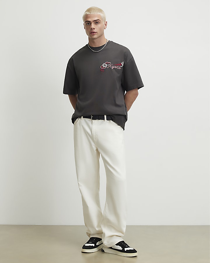 Grey Cotton Embroidered Kyoto T-Shirt