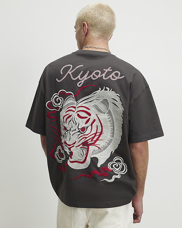 Grey Cotton Embroidered Kyoto T-Shirt