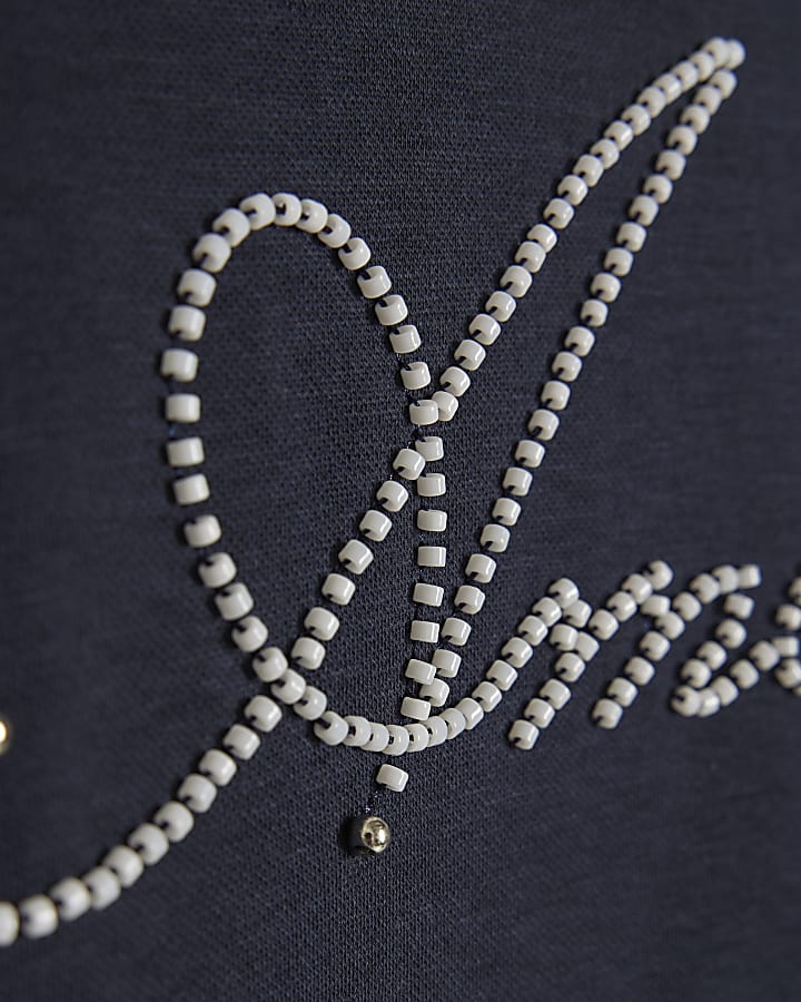 Navy Cotton Ame Saint Beaded T-Shirt