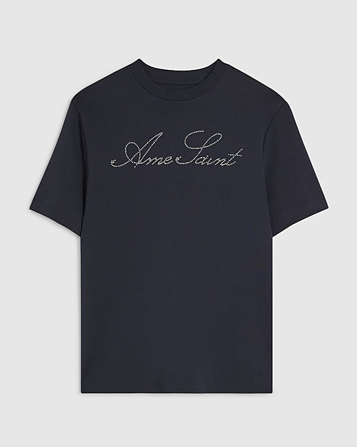 Navy Cotton Ame Saint Beaded T-Shirt