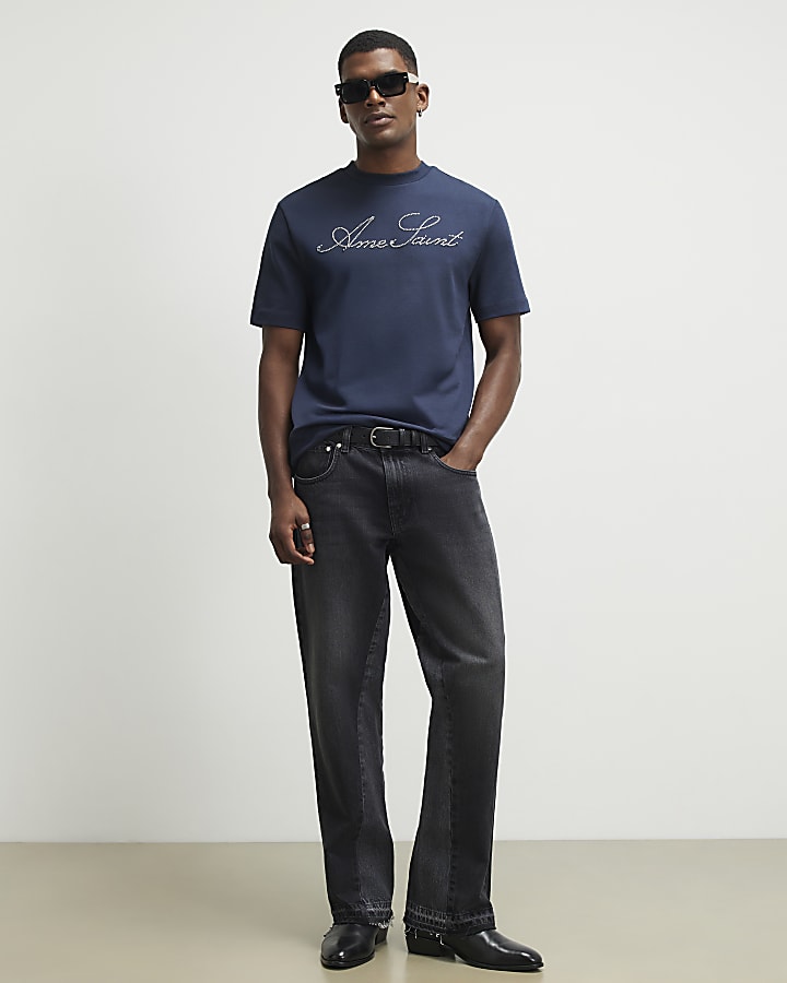 Navy Cotton Ame Saint Beaded T-Shirt