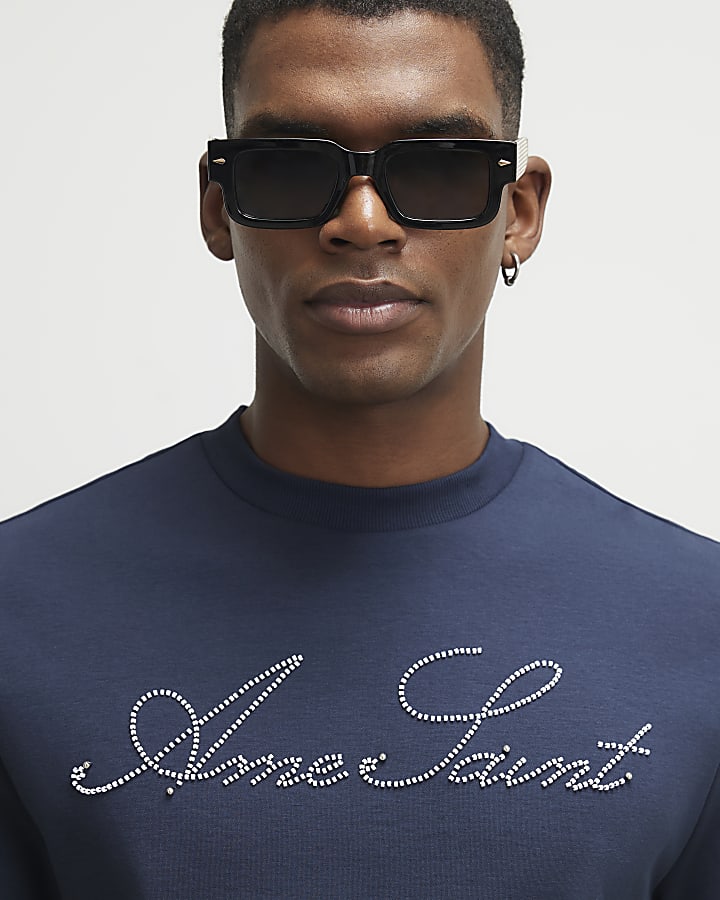 Navy Cotton Ame Saint Beaded T-Shirt