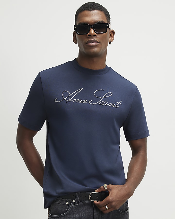 Navy Cotton Ame Saint Beaded T-Shirt