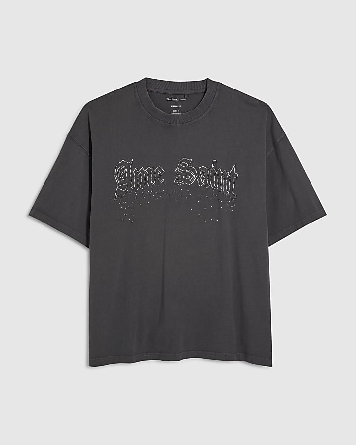 Black Cotton Ame Saint Rhinestone T-Shirt