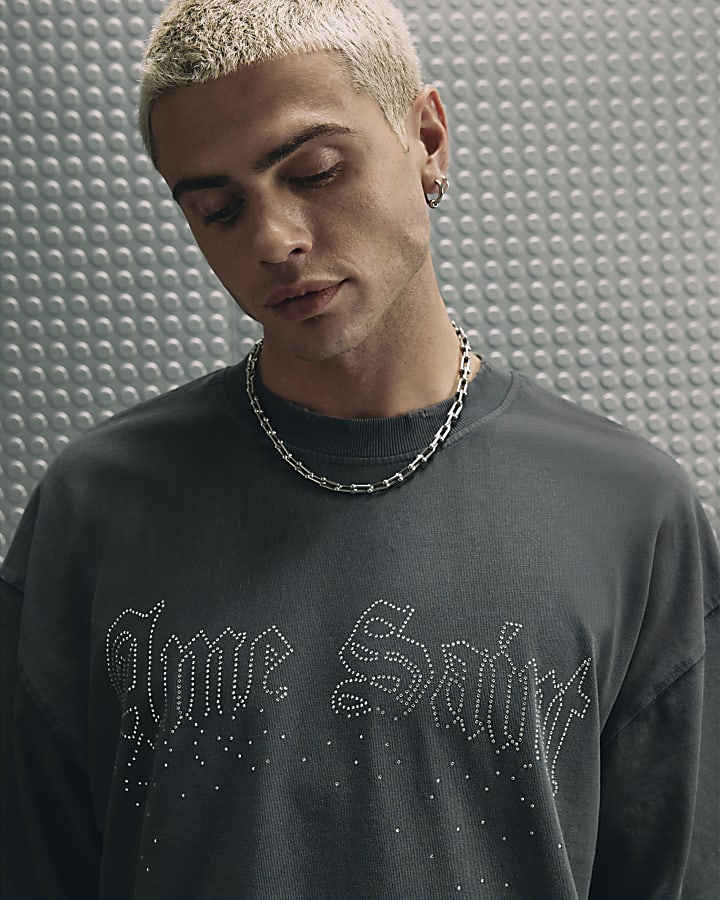 Black Cotton Ame Saint Rhinestone T-Shirt
