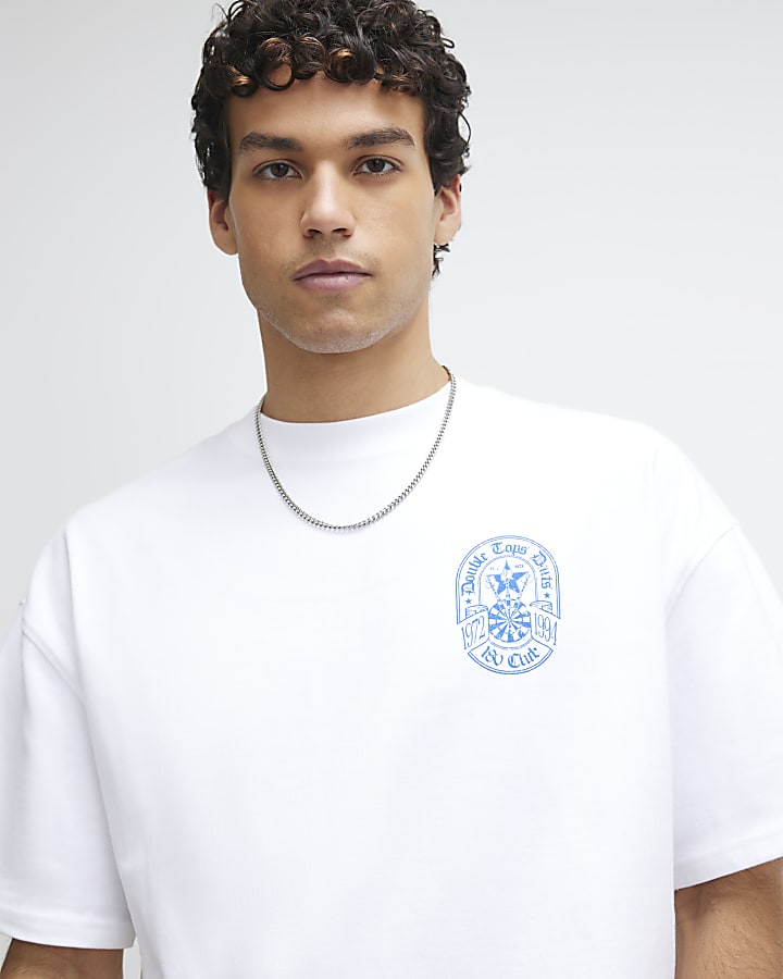 White Oversized Fit Dart Beer Label T-Shirt