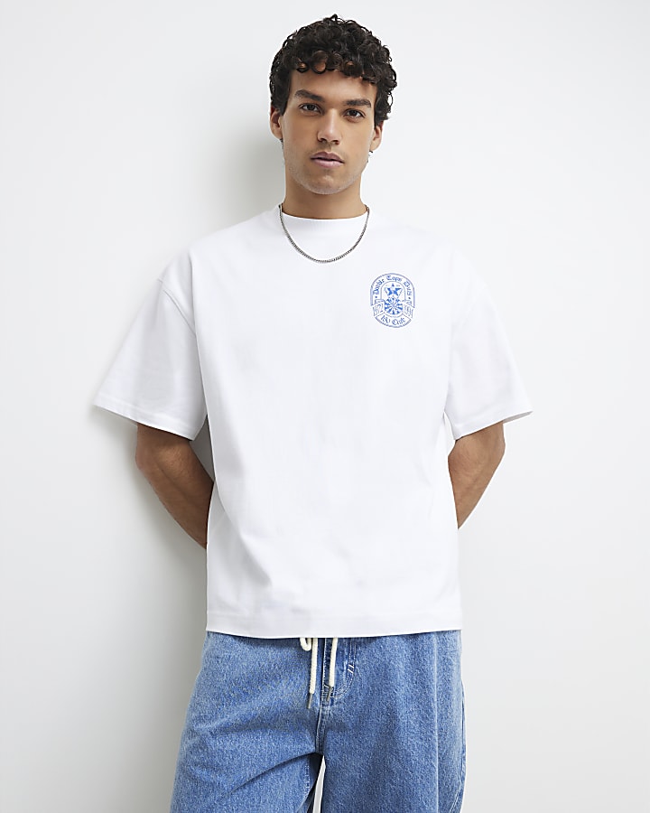 White Oversized Fit Dart Beer Label T-Shirt