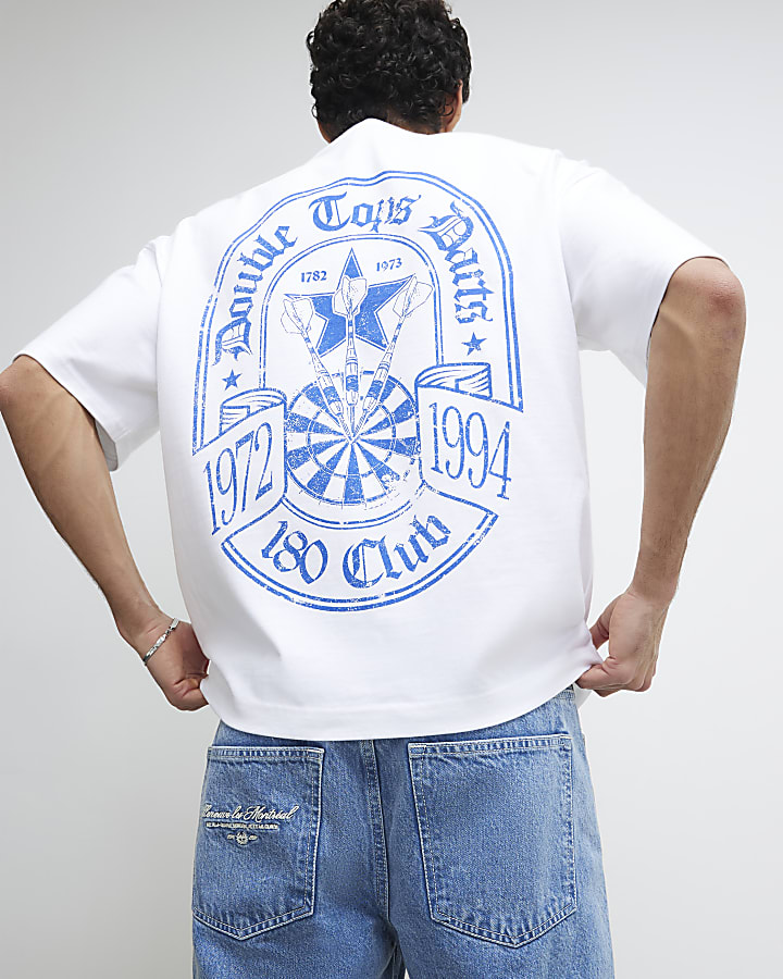 White Oversized Fit Dart Beer Label T-Shirt