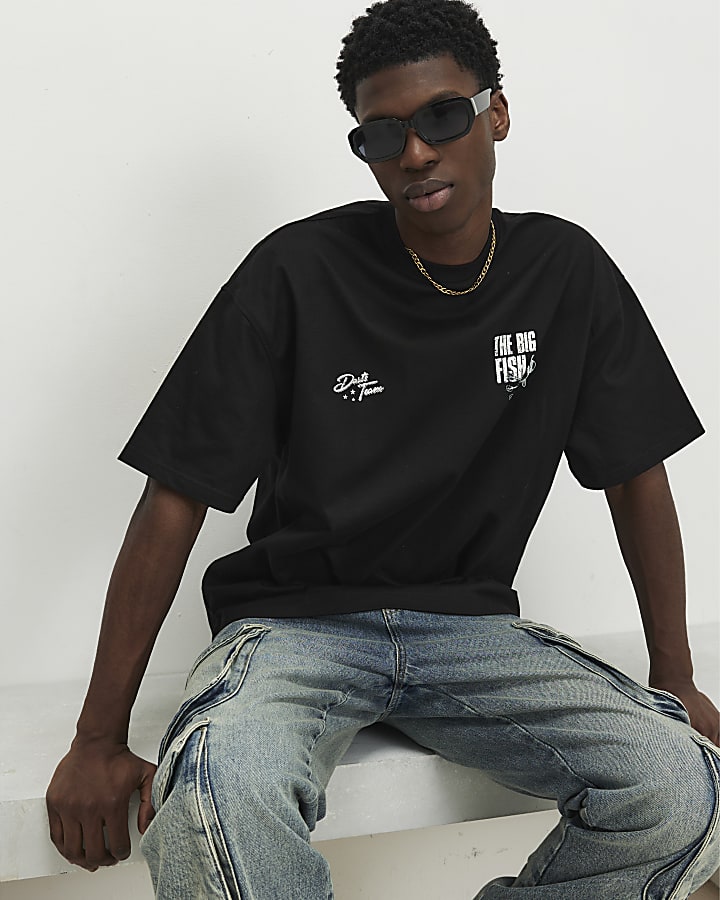 Black Oversized Fit Darts Big Fish T-Shirt