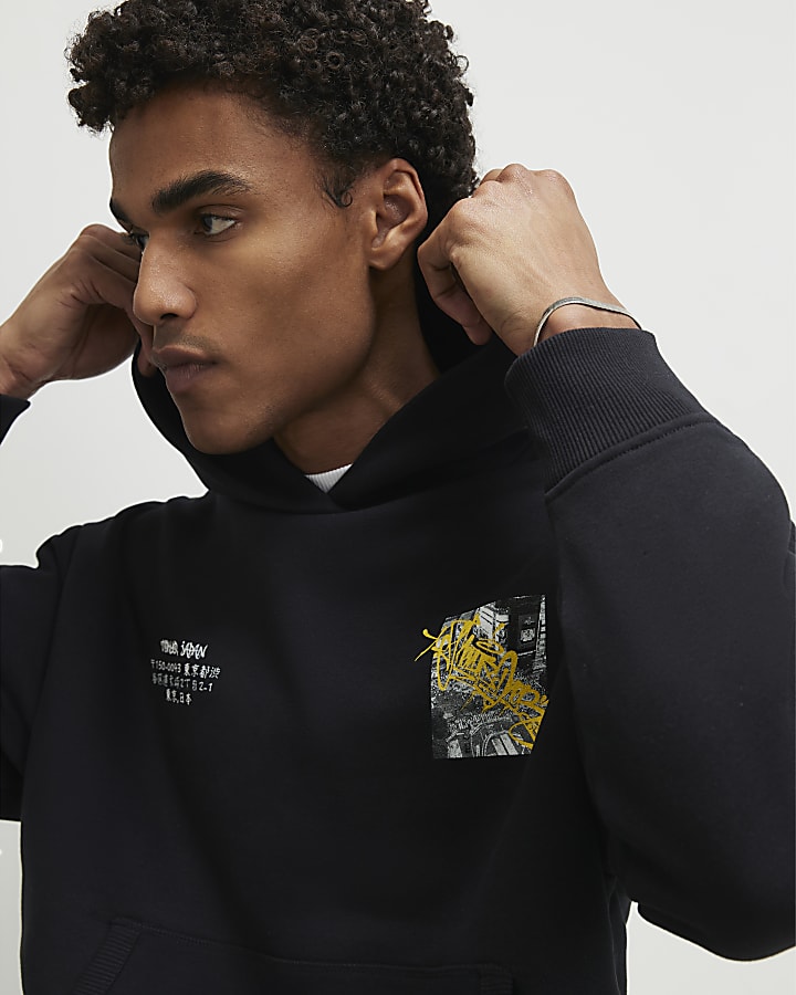 Black Regular Fit City Graphic Hoodie