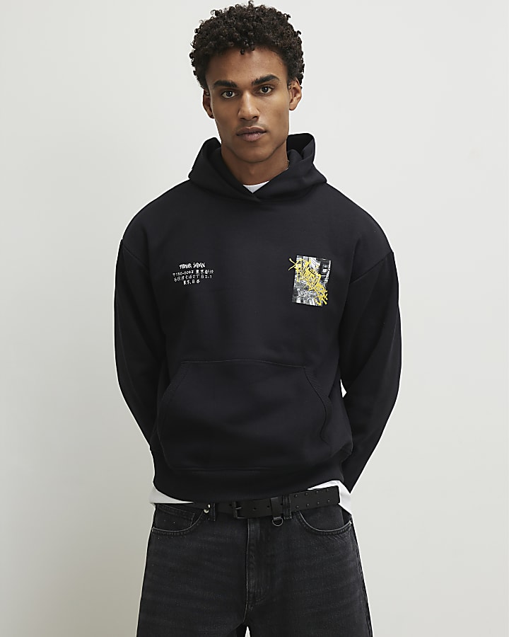 Black Regular Fit City Graphic Hoodie