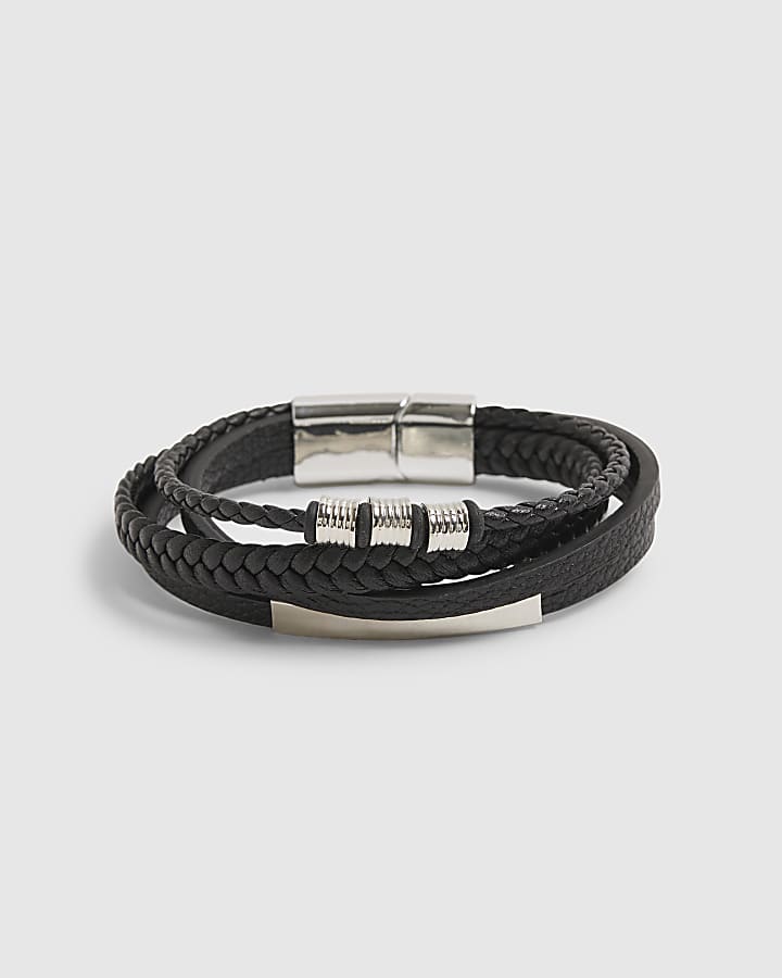 Black Faux Leather Multi Row Bracelet