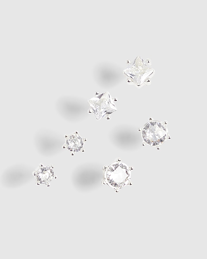 Silver Set Of 3 Cubic Zirconia Stud Earrings