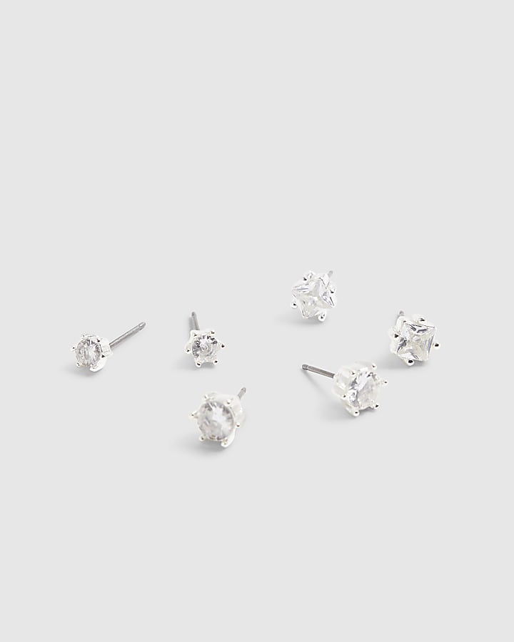 Silver Set Of 3 Cubic Zirconia Stud Earrings