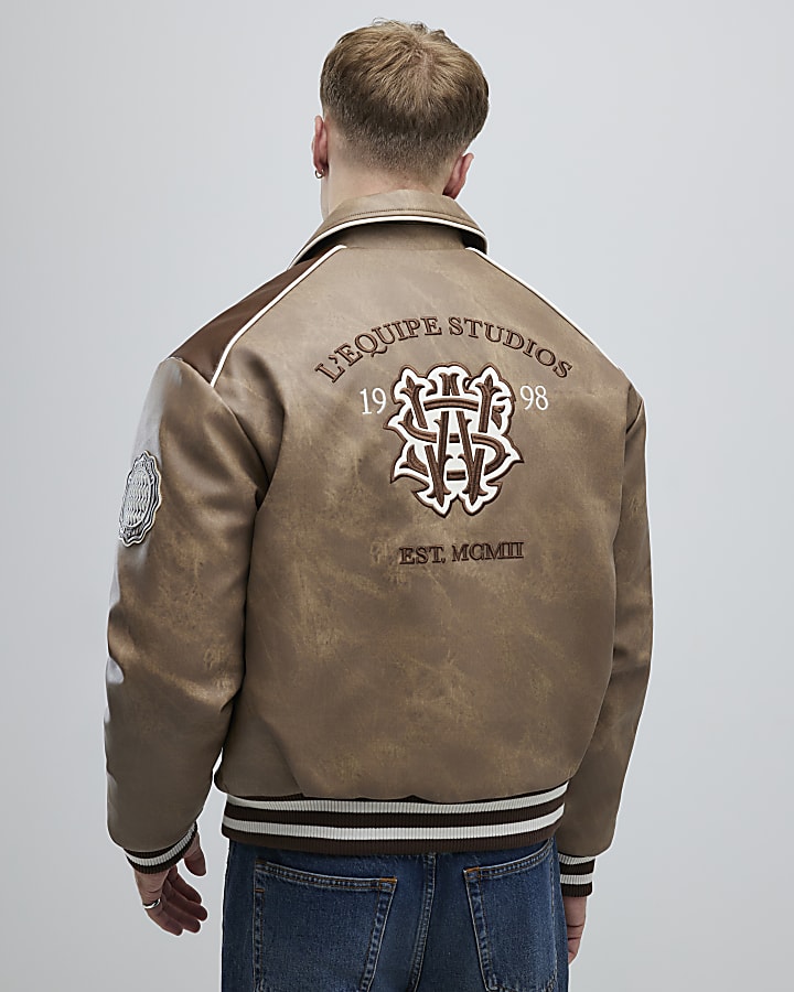 Brown Faux Leather Bomber Jacket