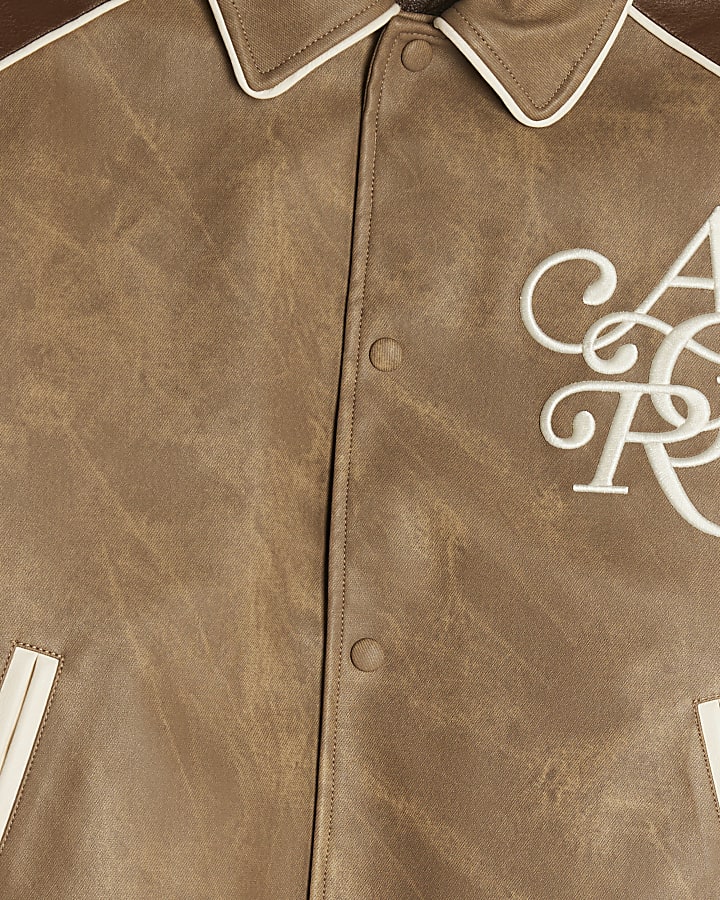 Brown Faux Leather Bomber Jacket