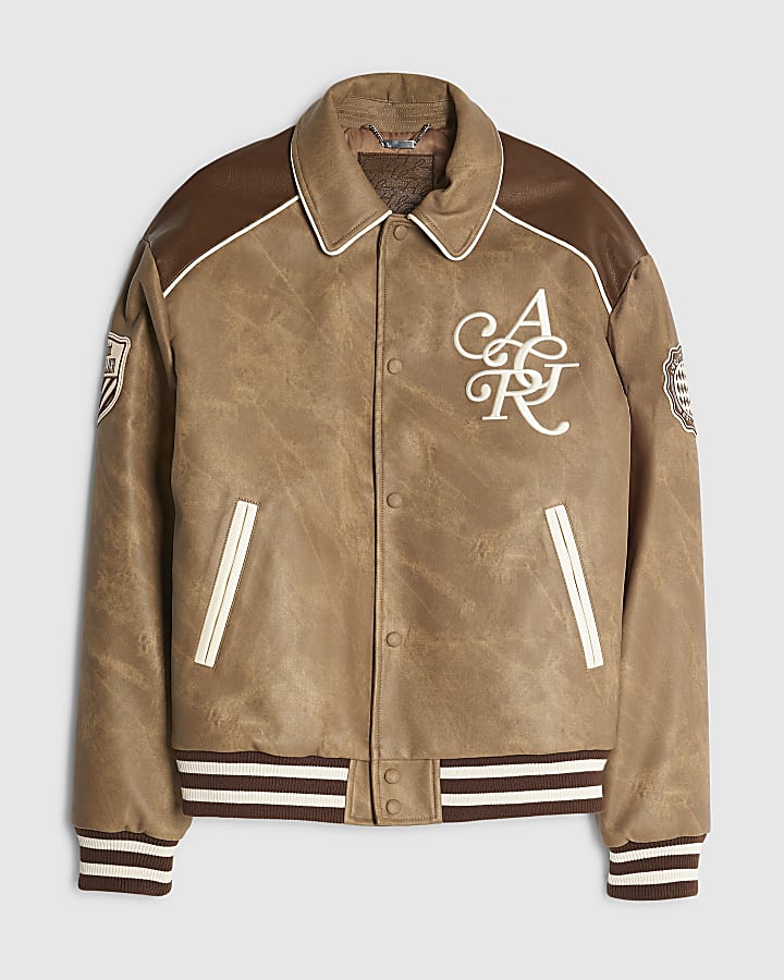 Brown Faux Leather Bomber Jacket